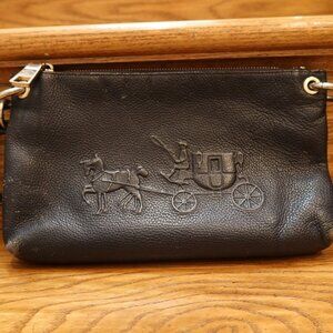 COACH horse carriage embossed handbag genuine leather navy blue logo zip hobo